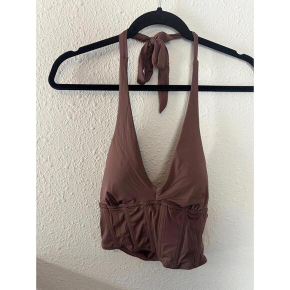 Gilly Hicks Hollister brown halter corset style swim top with removable pads siz - Picture 1 of 3
